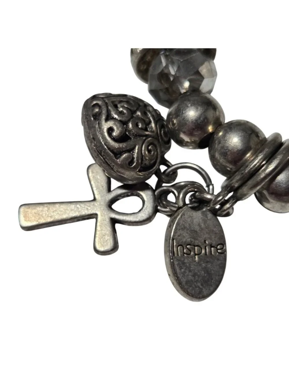 Handcrafted White Howlite Beaded Charm Bracelet Cross Heart Religious Jewelry